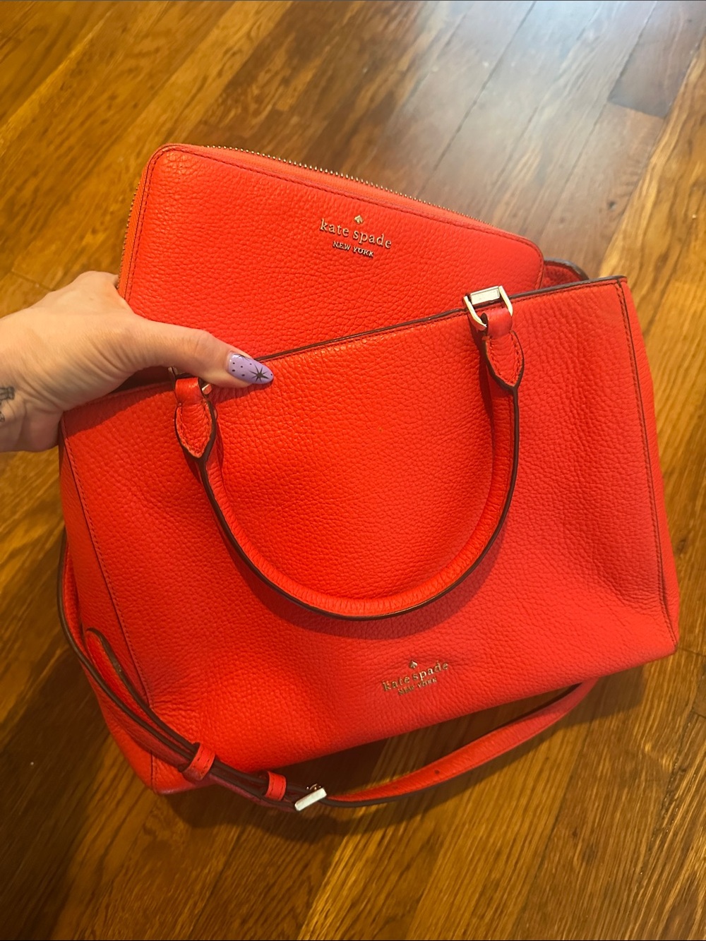 Kate Spade Orange pebbled leather satchel and matching wallet
